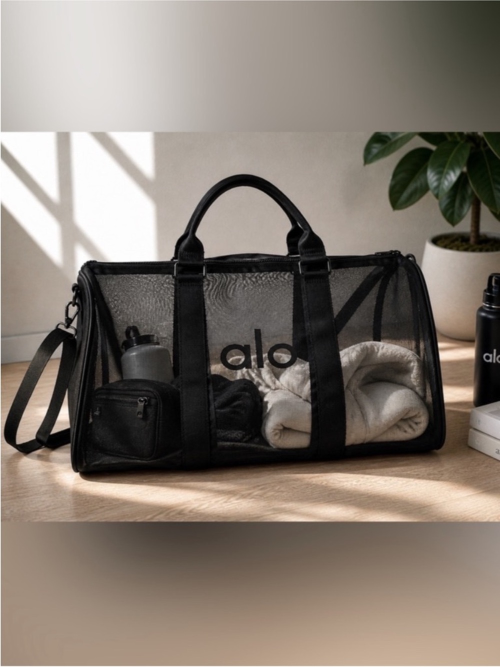 ALO Yoga Black Transparent Mesh Duffle Travel Bag